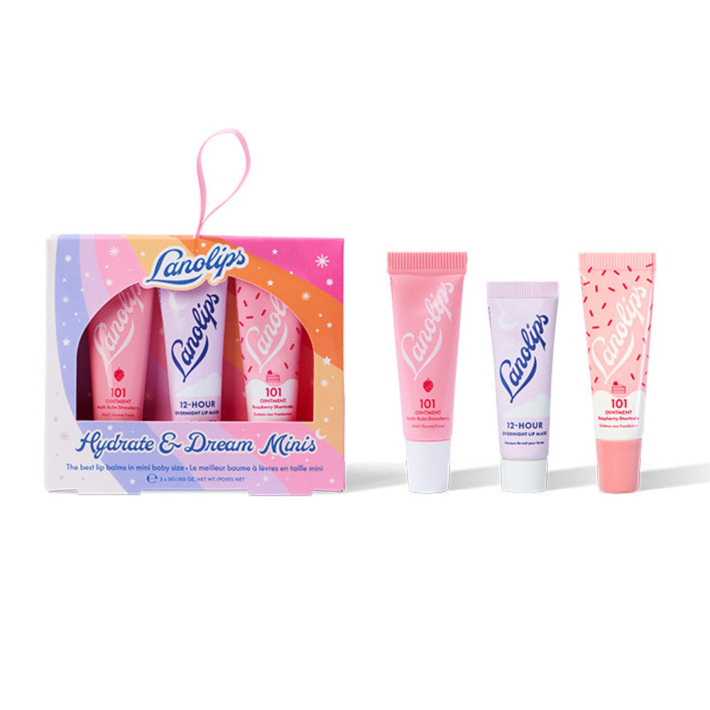Lanolips Hydrate & Dream Minis Trio: travel-size lip care for day-long hydration.