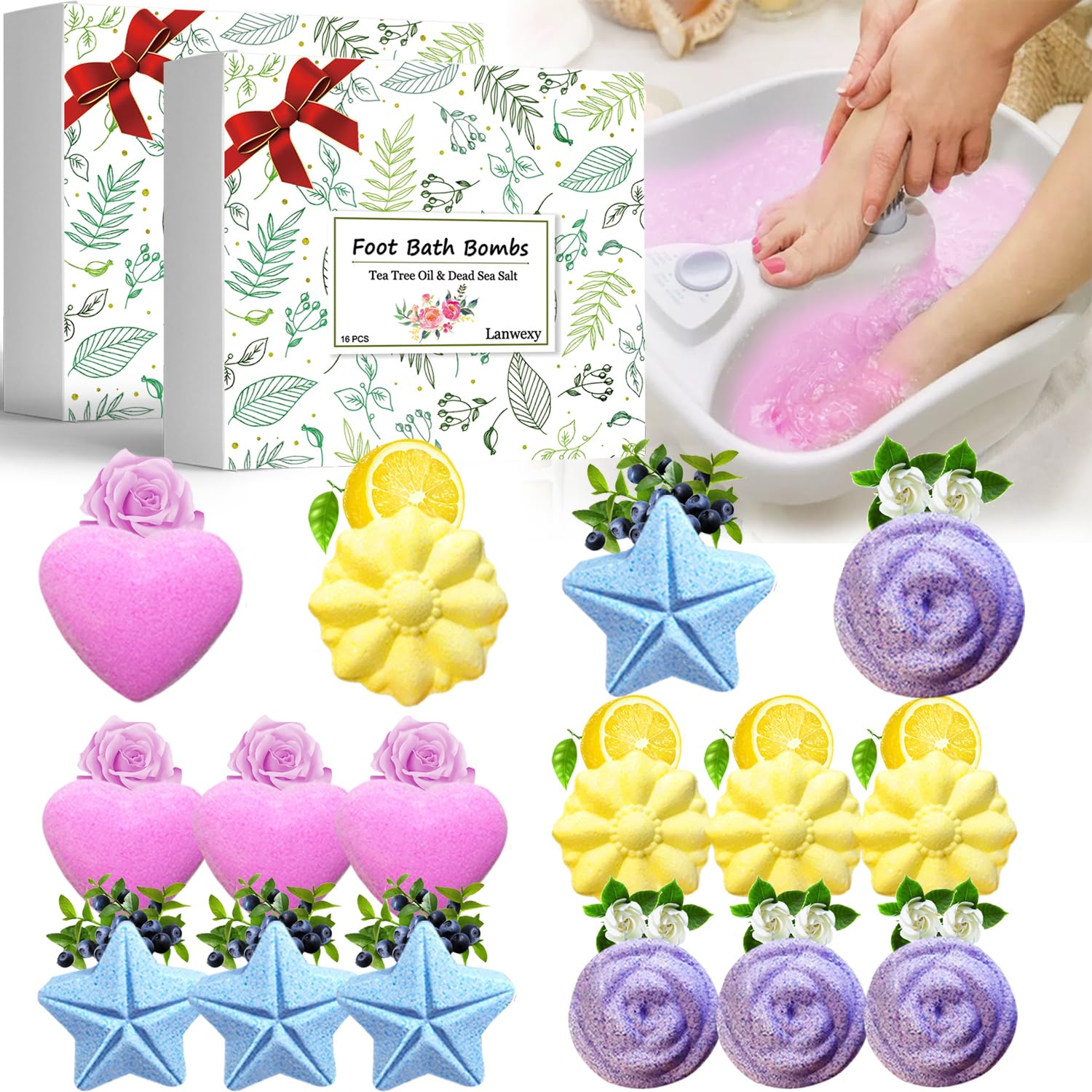 Lanwexy bath bombs with rose scent for a relaxing foot soak and soft skin.