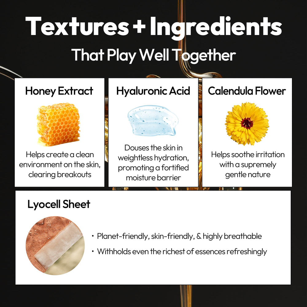 LAPCOS Honey Sheet Mask lyocell sheet close-up adheres to skin for smooth feel.