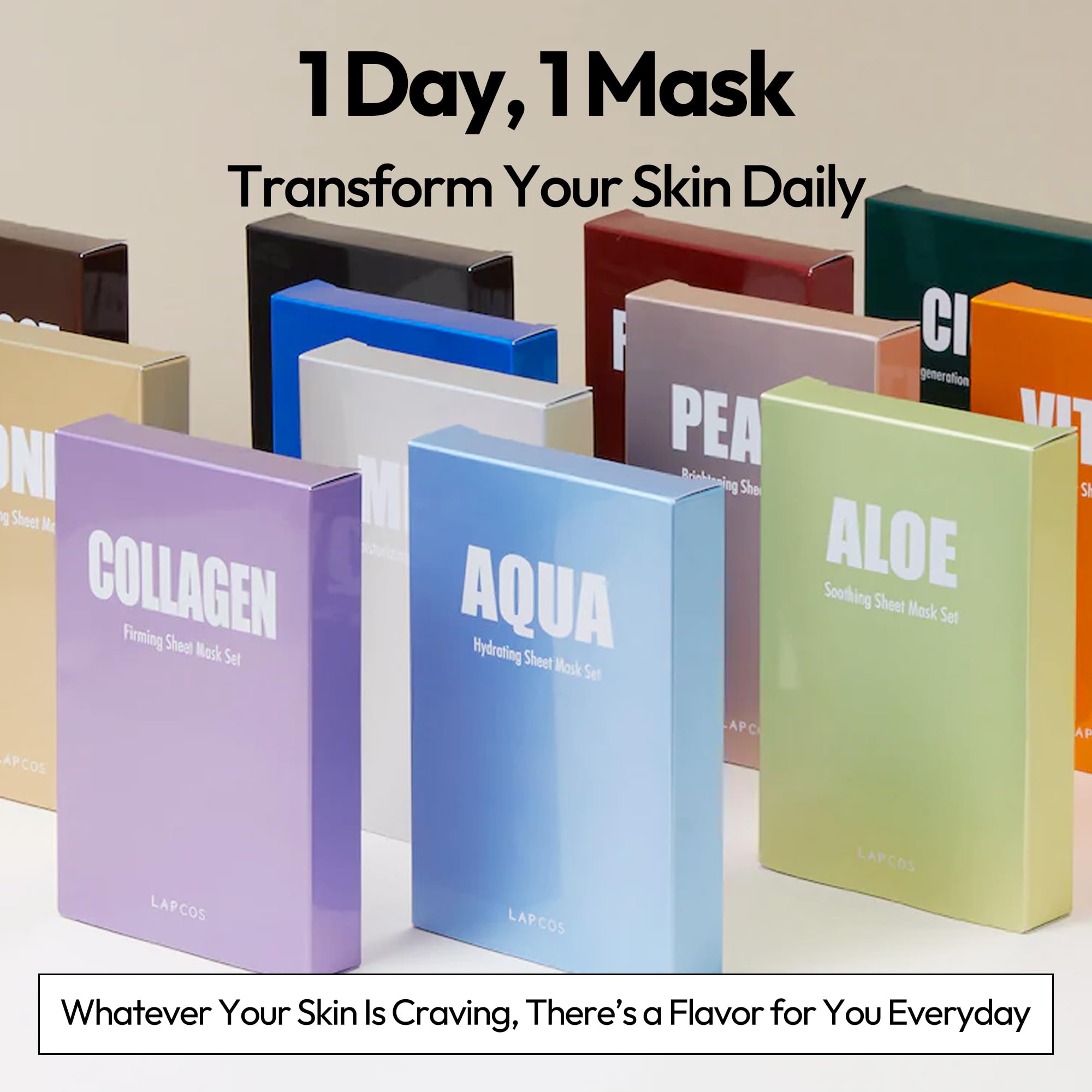 LAPCOS Packaged 5-mask set for convenient daily skincare routine.