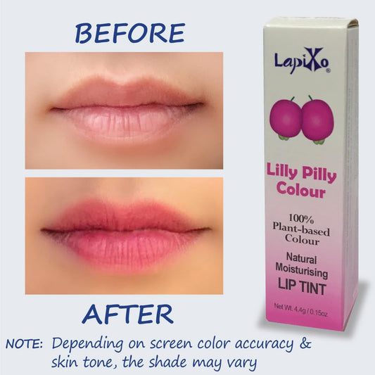 LAPIXO Lilly Pilly lip tint on lips with buildable color