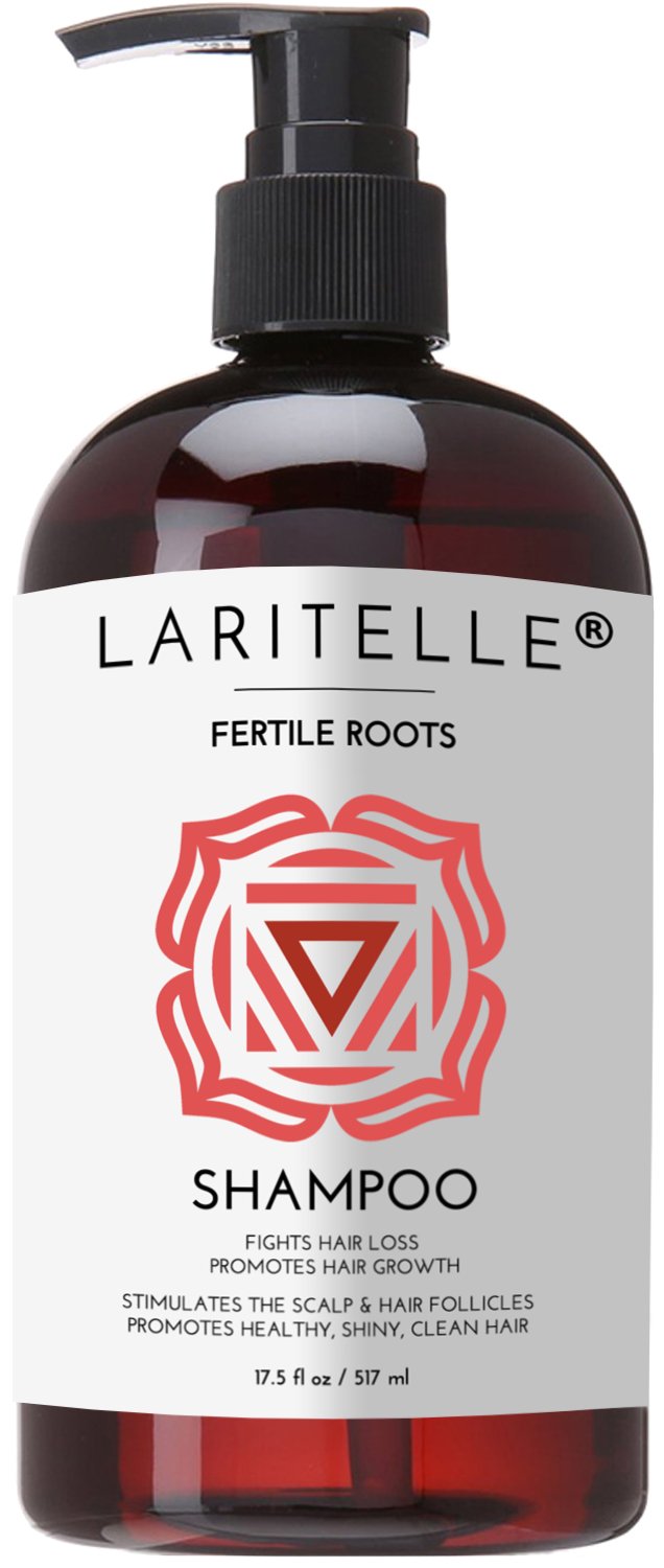 Laritelle Fertile Roots bottle pour demonstrates a calming cleanse for fuller-looking hair