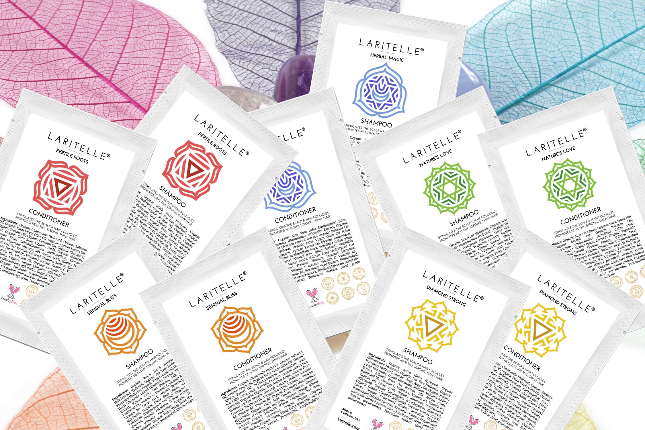 Laritelle Hair Growth Set shampoo sample pack highlights a gentle organic formula for all hair types.