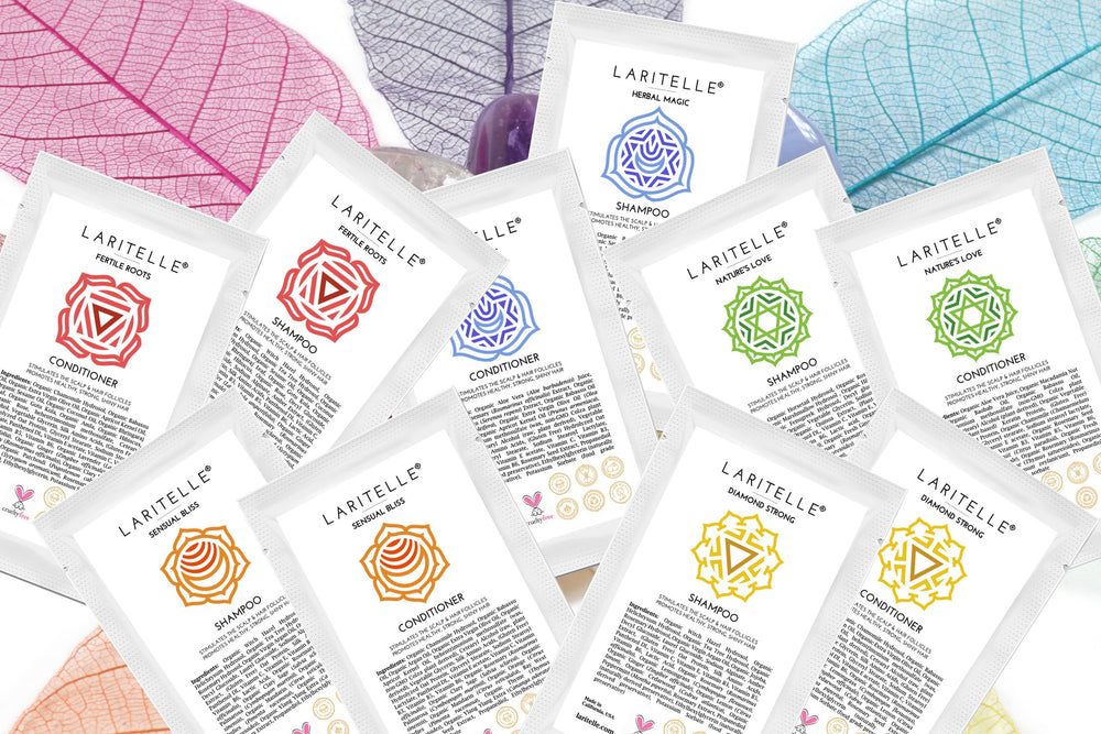 Laritelle Hair Growth Set shampoo sample pack highlights a gentle organic formula for all hair types.