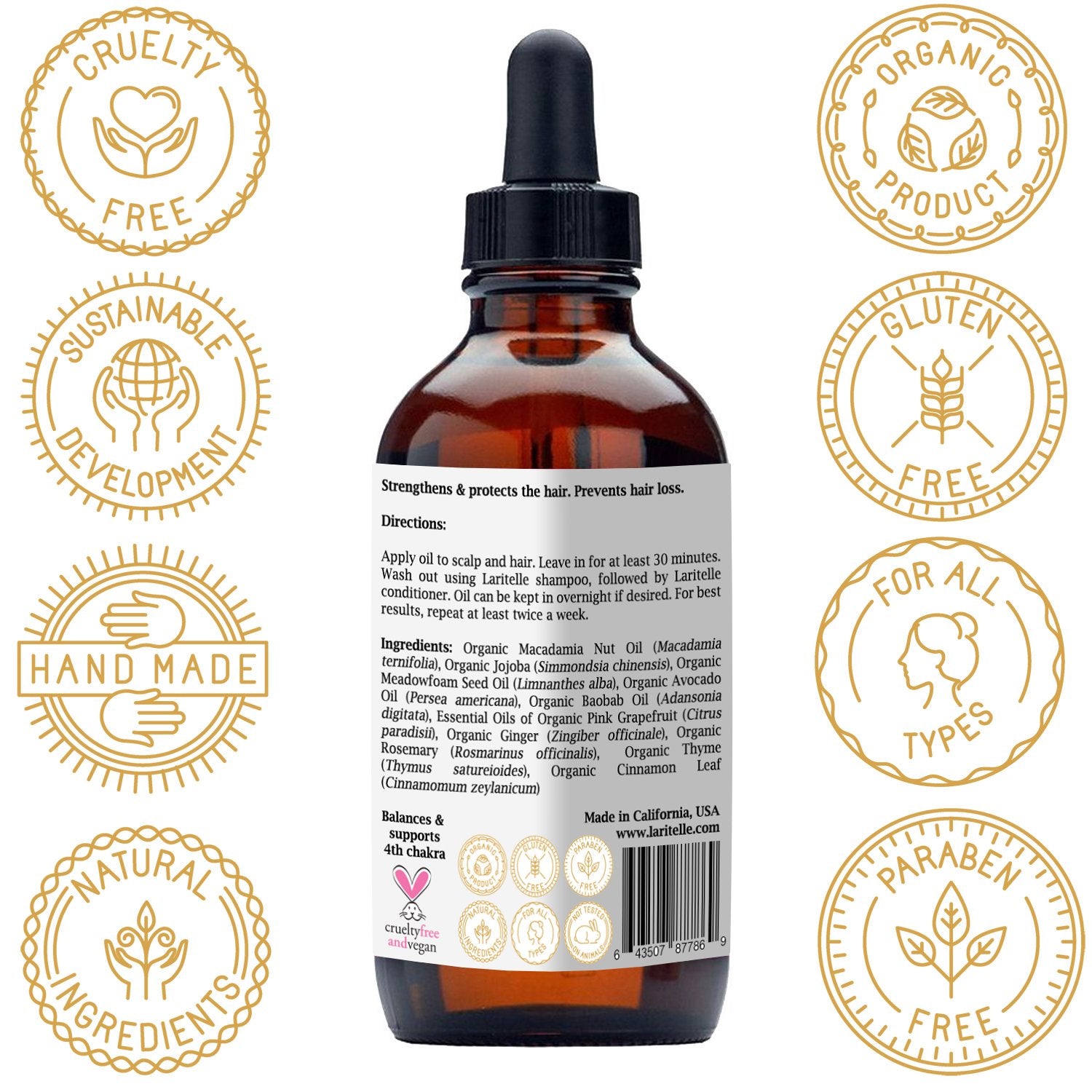 Laritelle Organic Hair Loss Prevention bottle closeup showcases premium organic formula for hair vitality.