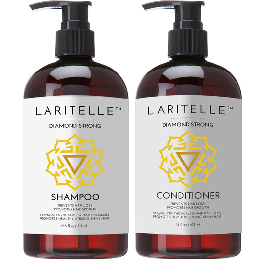 Laritelle Organic Shampoo bottle pour promotes healthier hair with rosemary and cedarwood blend.