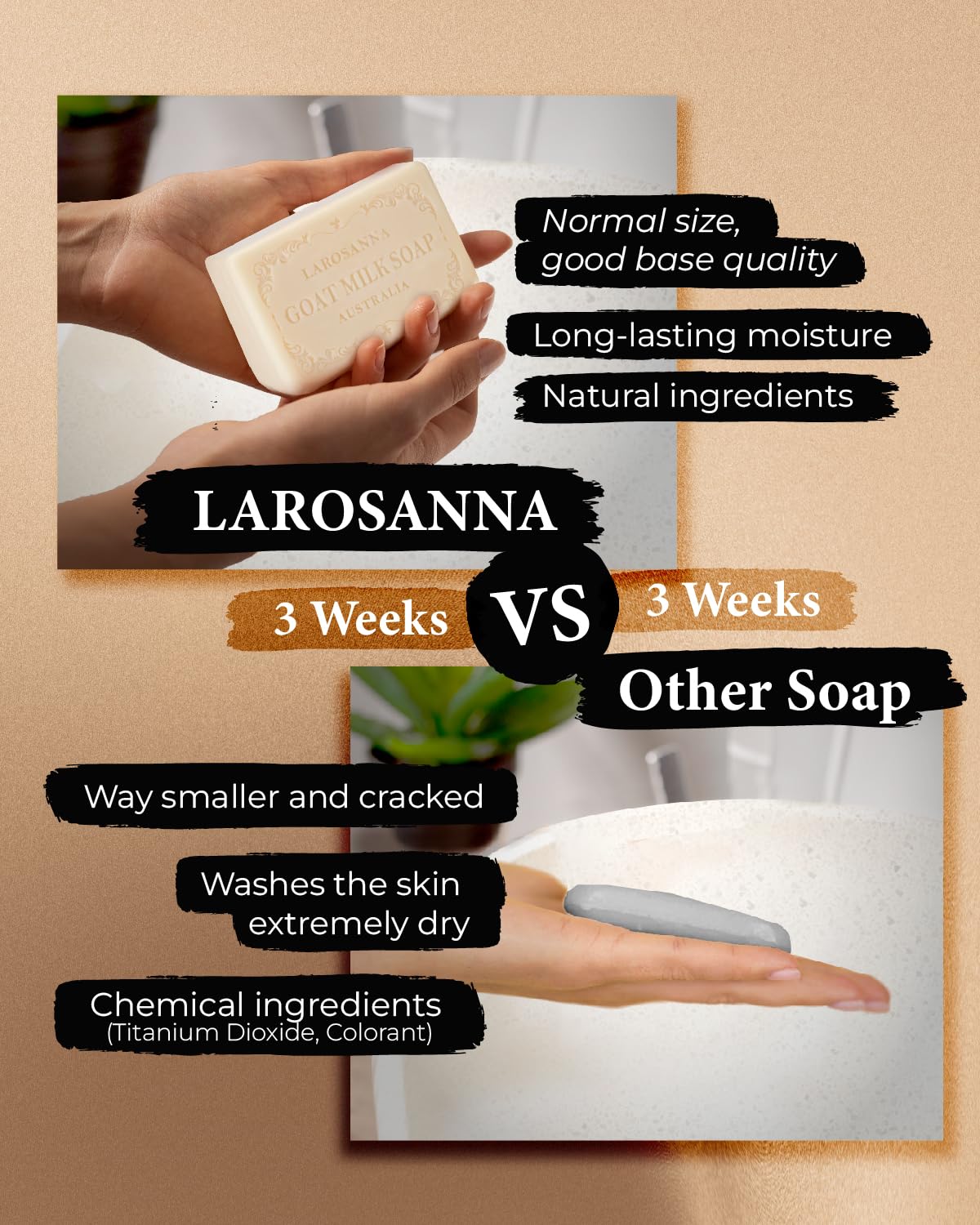 Larosanna goat milk soap plant oil blend emphasizes natural, cruelty-free care