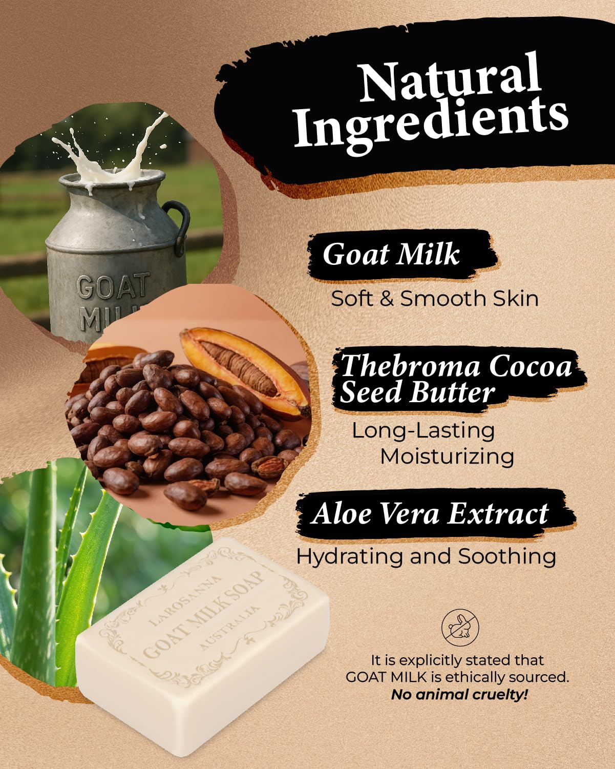Larosanna goat milk soap bars on shelf highlighting cocoa butter richness