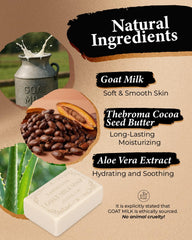 Larosanna goat milk soap bars on shelf highlighting cocoa butter richness