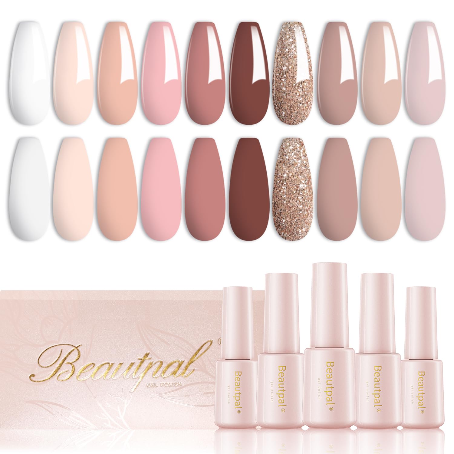Larvall Beautpal nude gel polish bottles showing 10 nude shades for salon-quality at-home manicures.