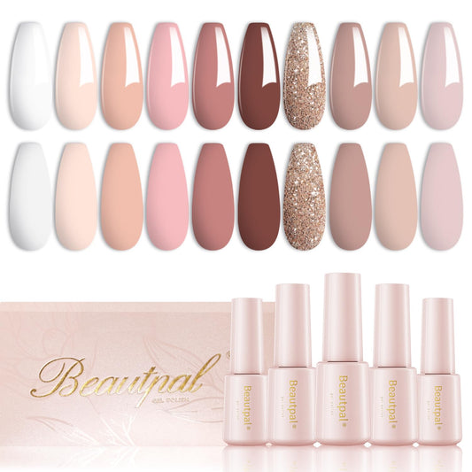 Larvall Beautpal nude gel polish bottles showing 10 nude shades for salon-quality at-home manicures.