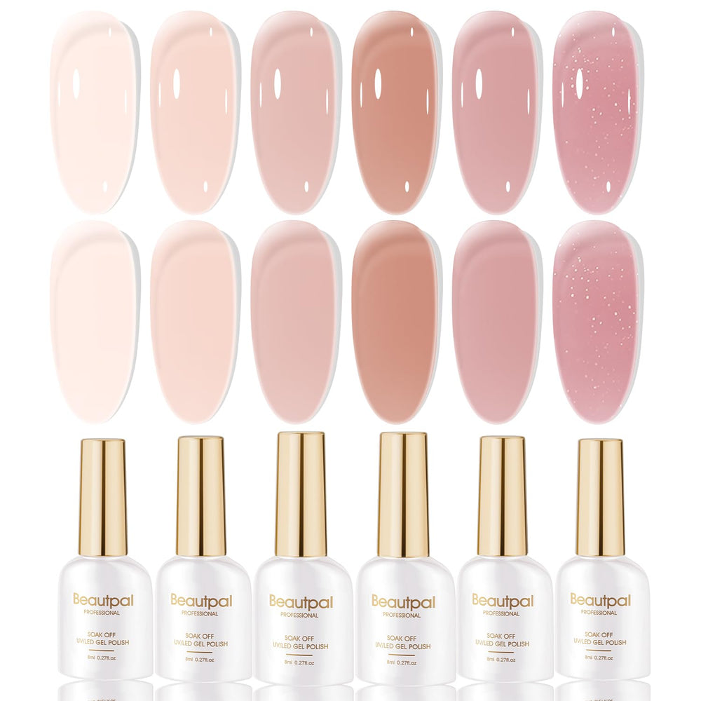 Larvall Beautpal Nude gel polish set front view with six jelly pink shades for natural-looking nails.