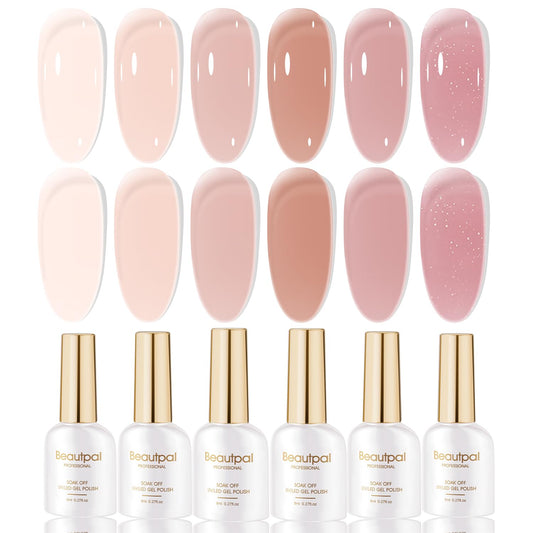 Larvall Beautpal Nude gel polish set front view with six jelly pink shades for natural-looking nails.