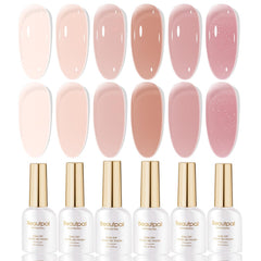 Larvall Beautpal Nude gel polish set front view with six jelly pink shades for natural-looking nails.