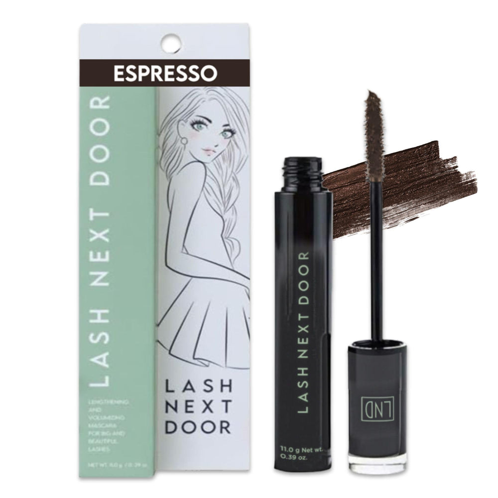 Lash Next Door Espresso Brown Mascara tube with natural-looking lashes.