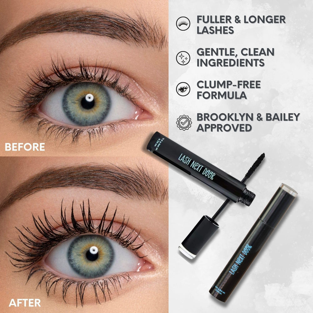 Lash Next Door mascara brush stroke shows smooth, clump-free application for even coverage.