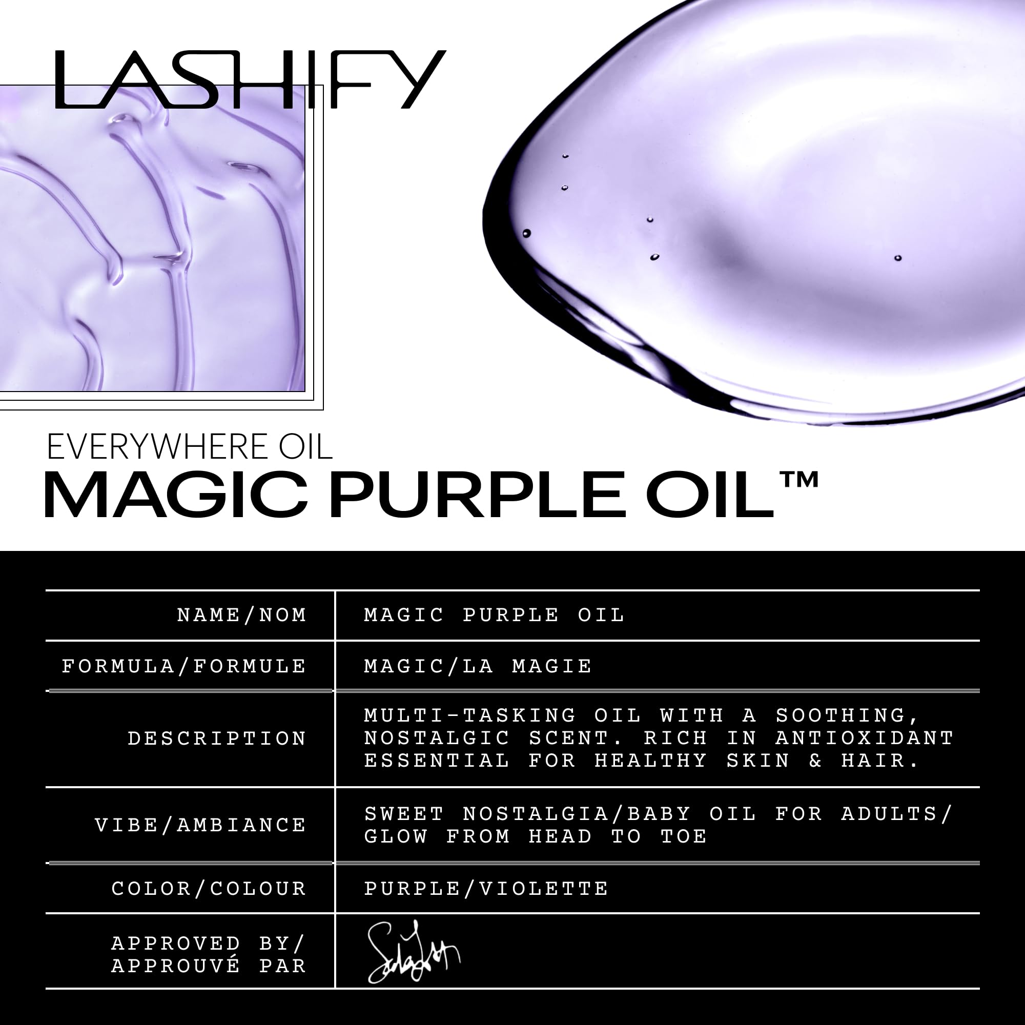 Lashify Magic Purple Oil on the body for soft, hydrated skin.