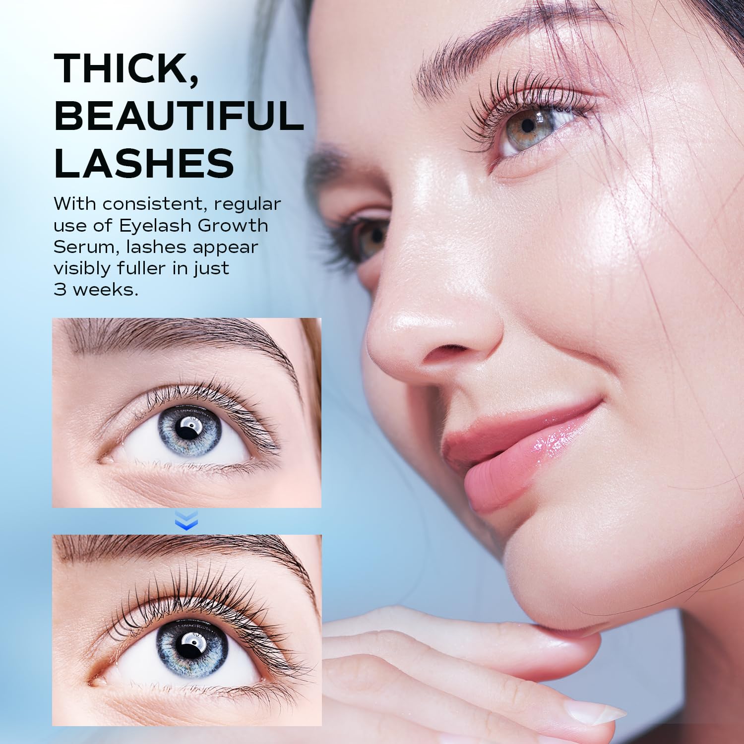 LashRay before-after visual demonstrates fuller lashes after use.
