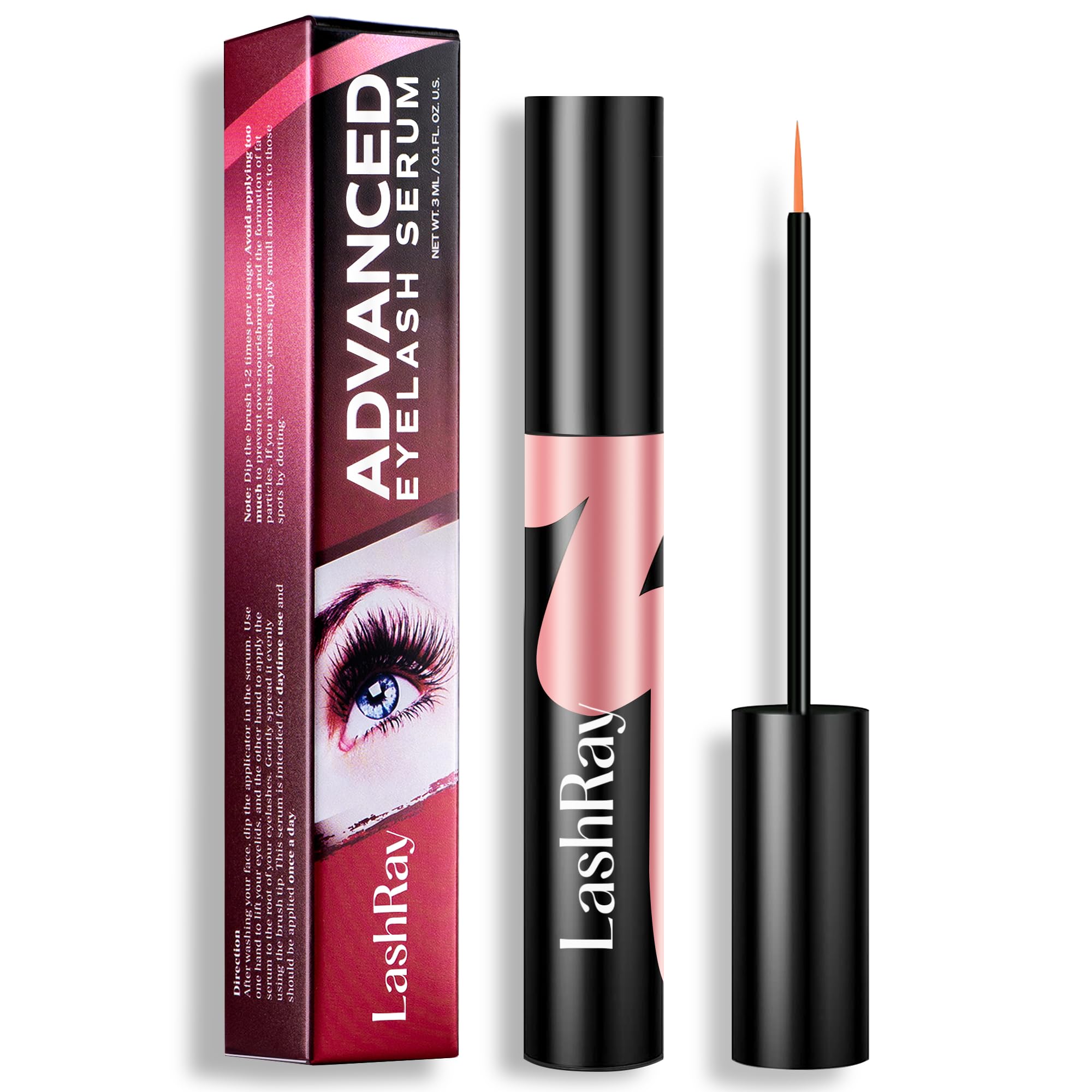 LashRay Eye Lash Serum bottle front for nourished lashes.