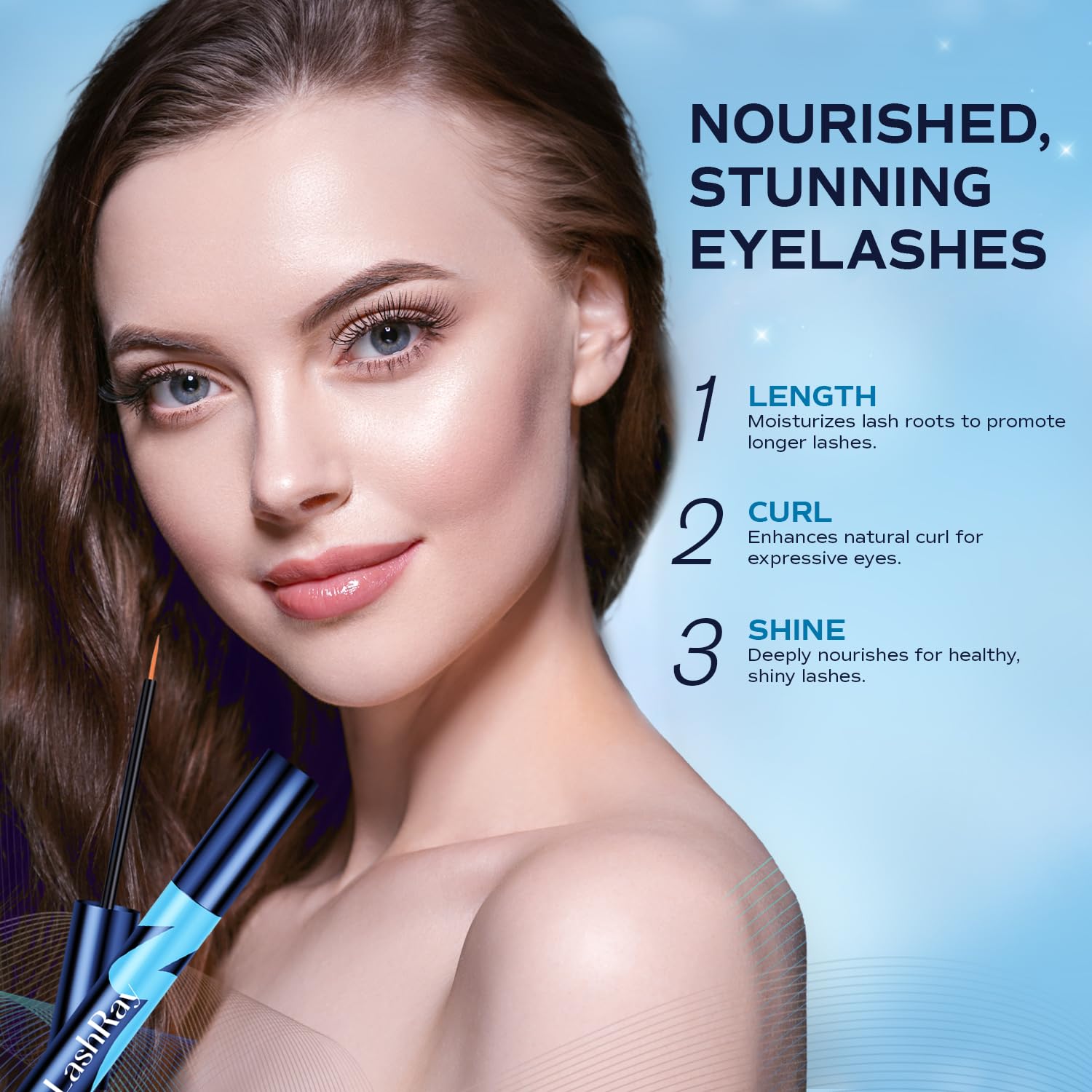 LashRay safe-for-sensitive-skin close-up shows gentle application near eyes.
