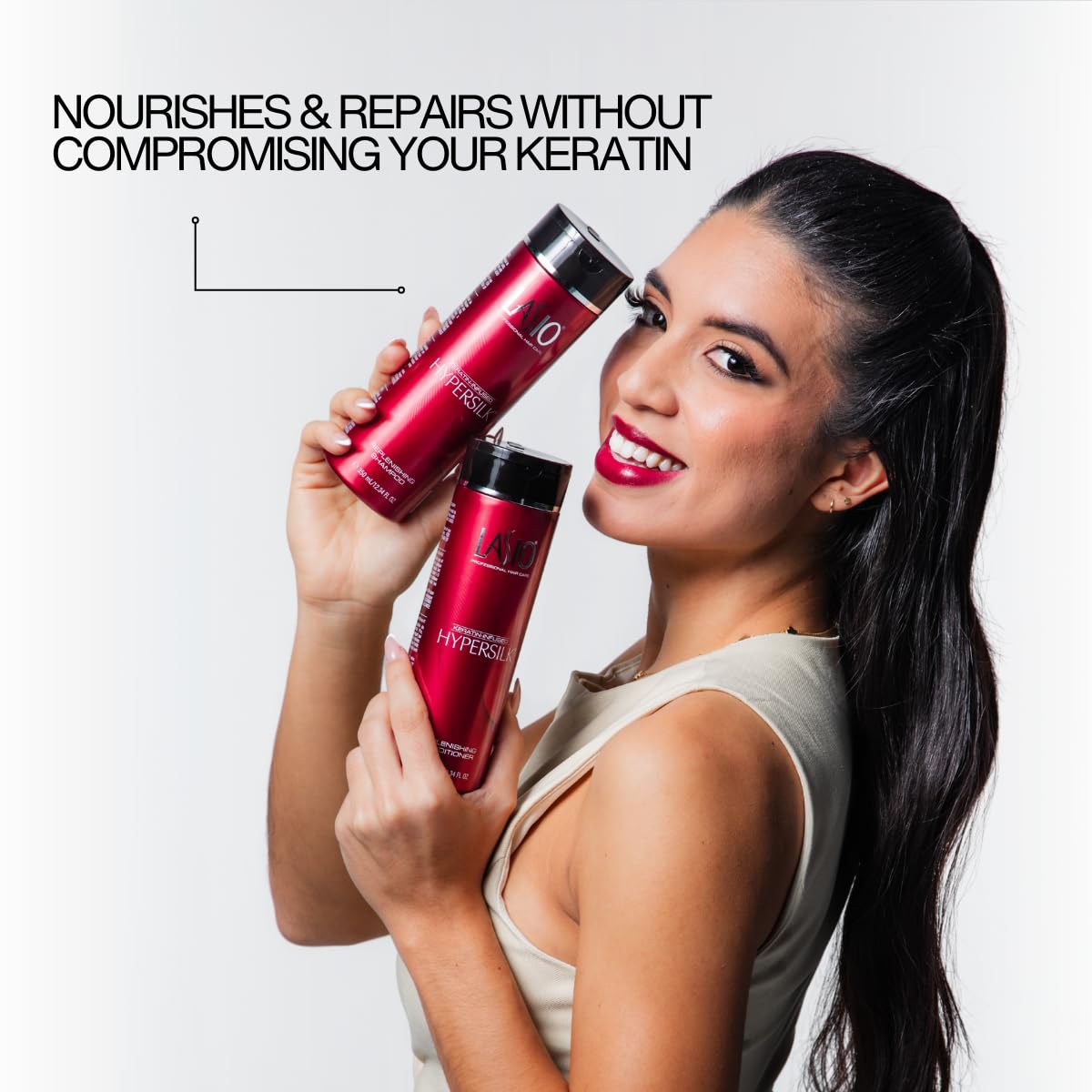 Lasio Keratin Replenishing Conditioner pump close-up emphasizing easy application and nourishment