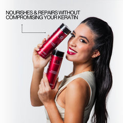 Lasio Keratin Replenishing Conditioner pump close-up emphasizing easy application and nourishment