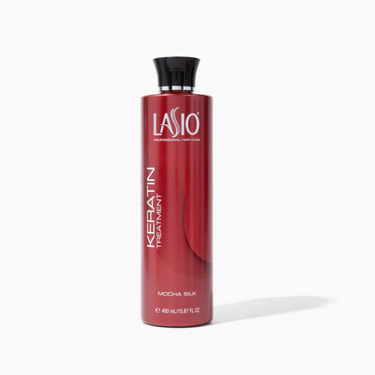 Lasio Mocha Silk Keratin Treatment bottle demonstrates frizz control and salon-grade shine