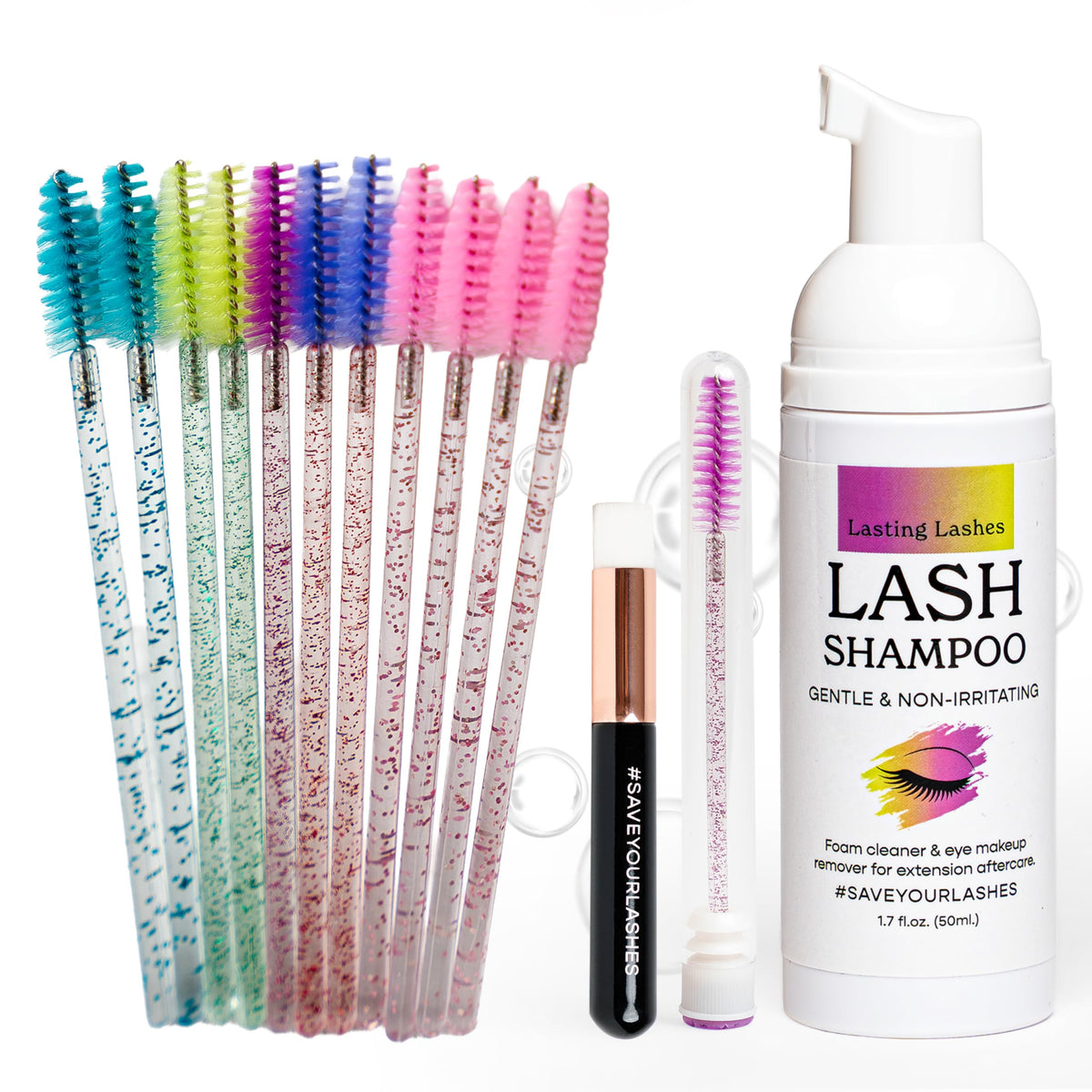 Lasting Lashes eyelash shampoo bottle front view for gentle cleansing of extensions