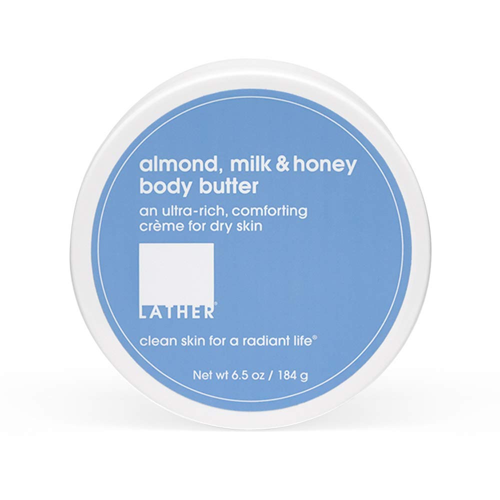 LATHER Almond Milk and Honey Body Butter tub shows creamy texture for deep hydration