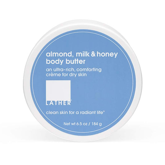 LATHER Almond Milk and Honey Body Butter tub shows creamy texture for deep hydration