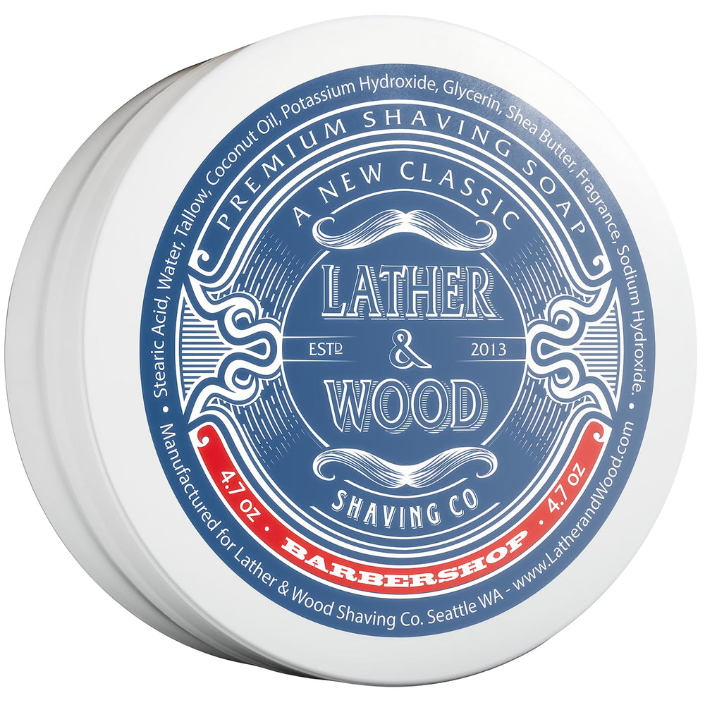 Lather & Wood Barbershop shaving soap jar with dense lather for a classic shave.