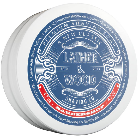 Lather & Wood Barbershop shaving soap jar with dense lather for a classic shave.