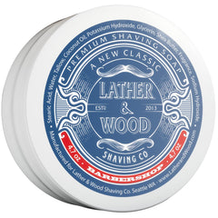 Lather & Wood Barbershop shaving soap jar with dense lather for a classic shave.