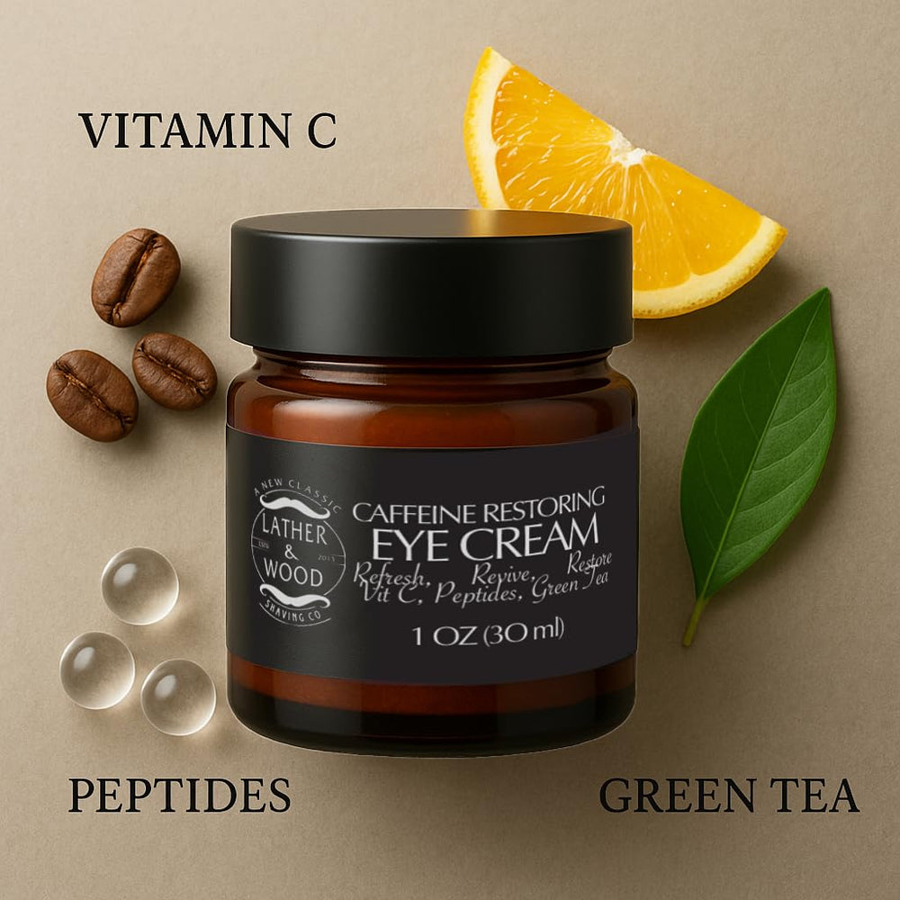 Lather & Wood eye cream bottle closeup highlights premium ingredients and anti-fatigue benefits.