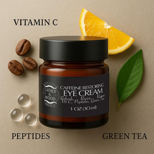 Lather & Wood eye cream bottle closeup highlights premium ingredients and anti-fatigue benefits.