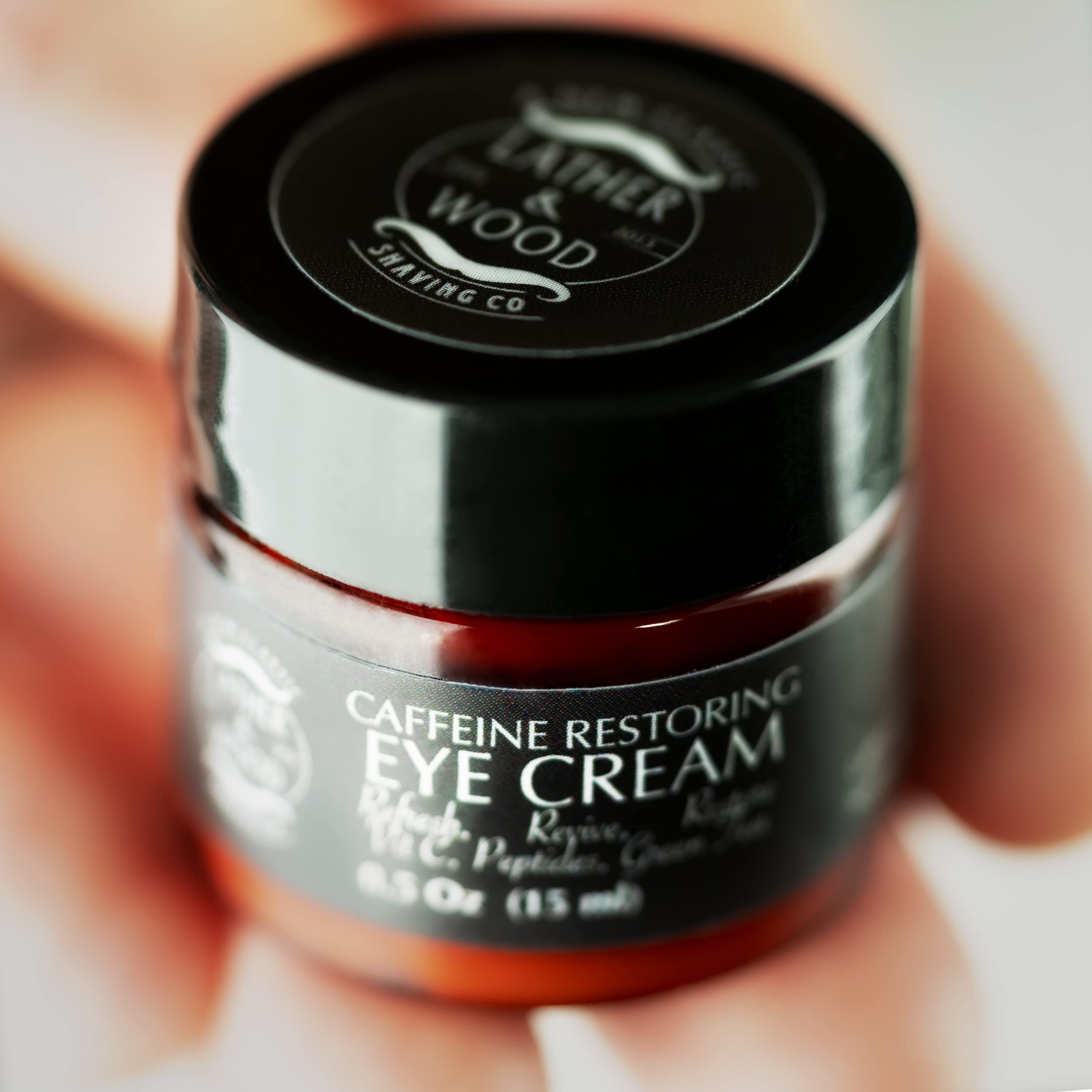 Lather & Wood mens eye cream application portrait shows smoothing results.