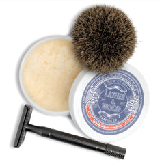 Lather & Wood tallow-based lather demonstration in a shaving bowl.