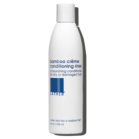 LATHER Bamboo Creme Conditioning Rinse bottle detail for smooth, nourished hair.