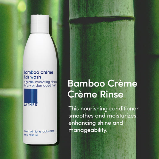 LATHER Bamboo Creme Conditioning Rinse pump in use for easy, even distribution.