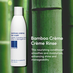 LATHER Bamboo Creme Conditioning Rinse pump in use for easy, even distribution.