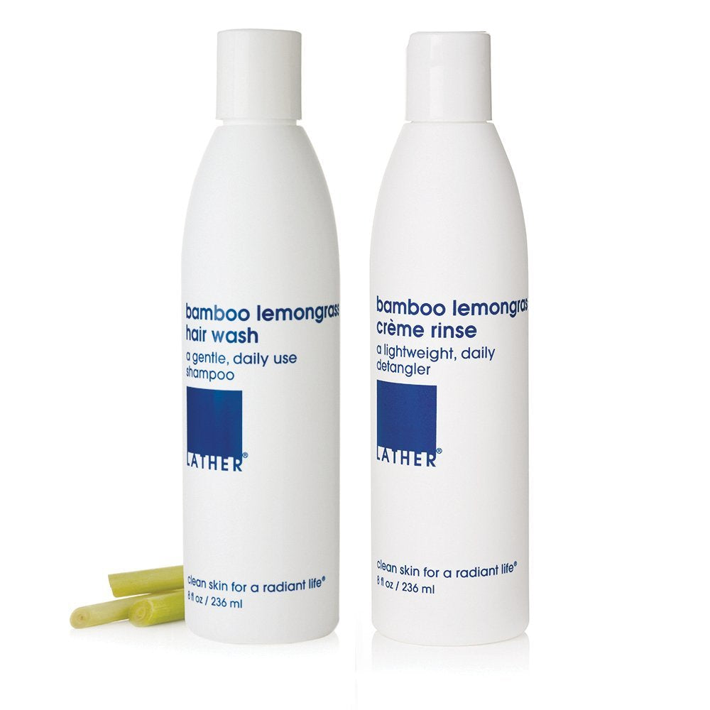 LATHER Bamboo Lemongrass Conditioner label highlights avocado oil and vitamin E for shine.