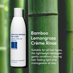 LATHER Bamboo Lemongrass Crème Rinse bottle close-up highlighting lightweight conditioning for all hair types