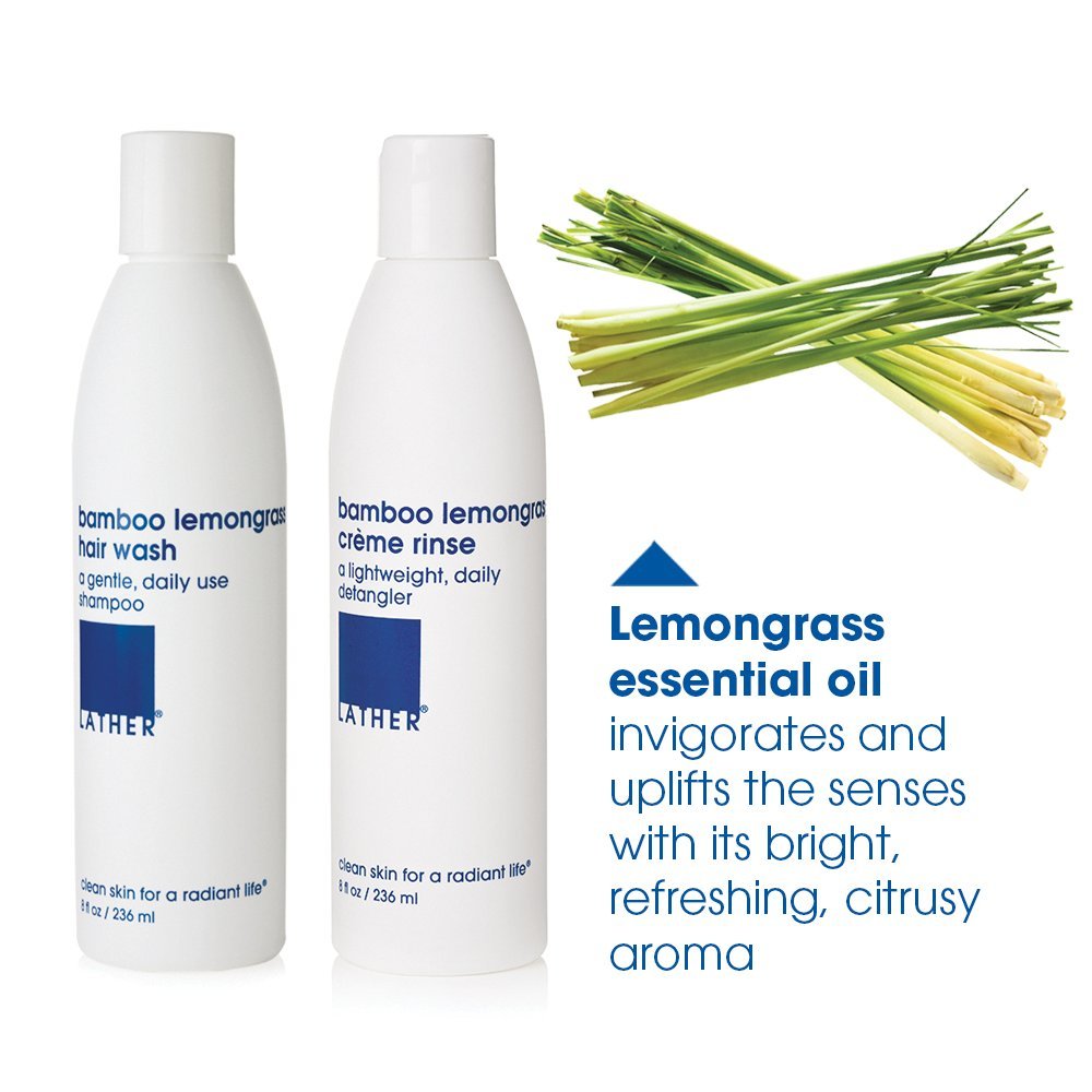 LATHER Bamboo Lemongrass Shampoo label-detail shows natural ingredients.