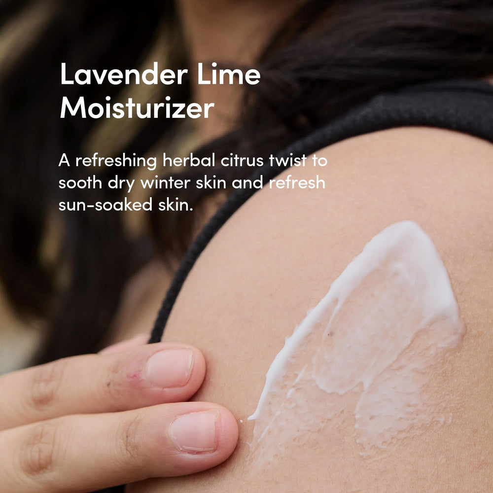 LATHER Lavender Lime moisturizer texture shown for quick absorption.