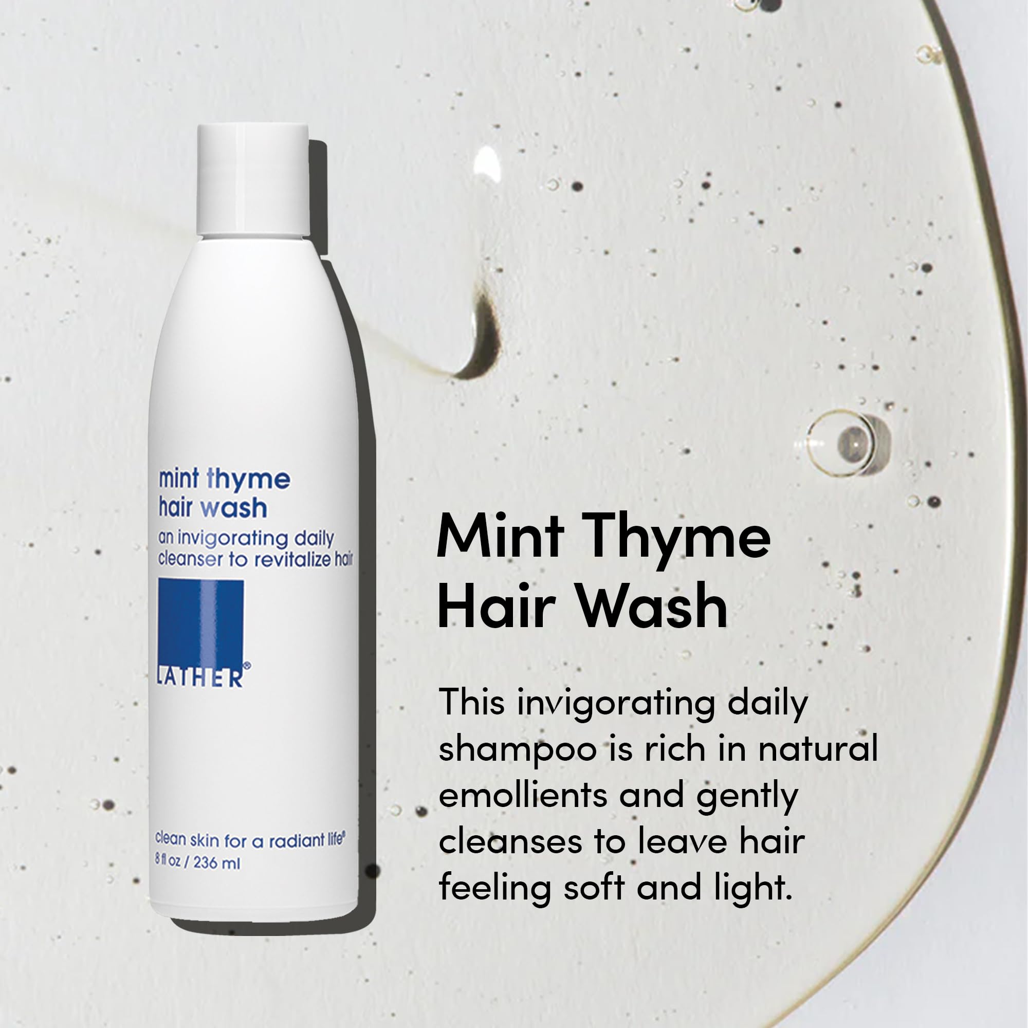 LATHER Mint Thyme Hair Wash pump showcases hotel-quality cleansing for dry or damaged hair.