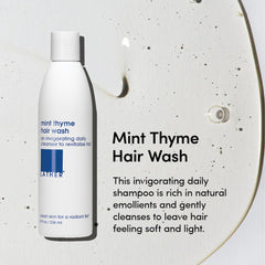 LATHER Mint Thyme Hair Wash pump showcases hotel-quality cleansing for dry or damaged hair.