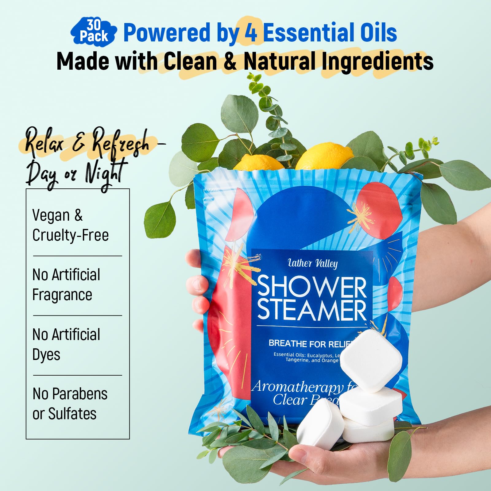 Lather Valley citrus aroma steamers close-up for spa-like shower.