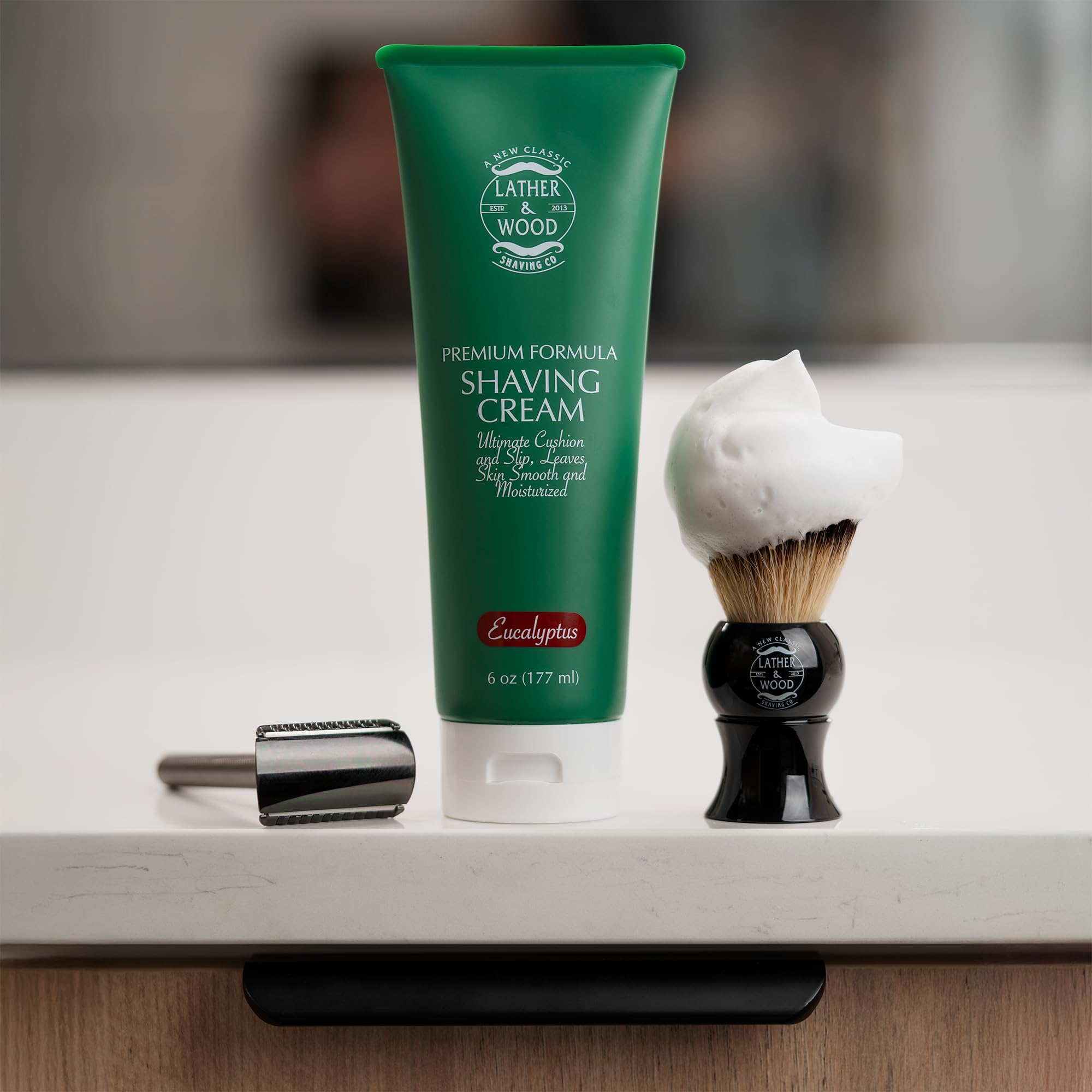 Lather & Wood rich lather demonstrates cushion for a smooth, comfortable shave