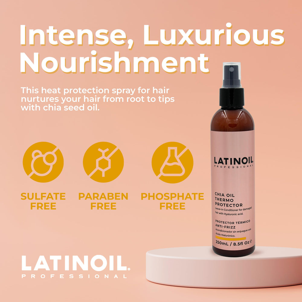 LATINOIL Chia Oil Heat Protectant Spray application detangles damp hair before styling