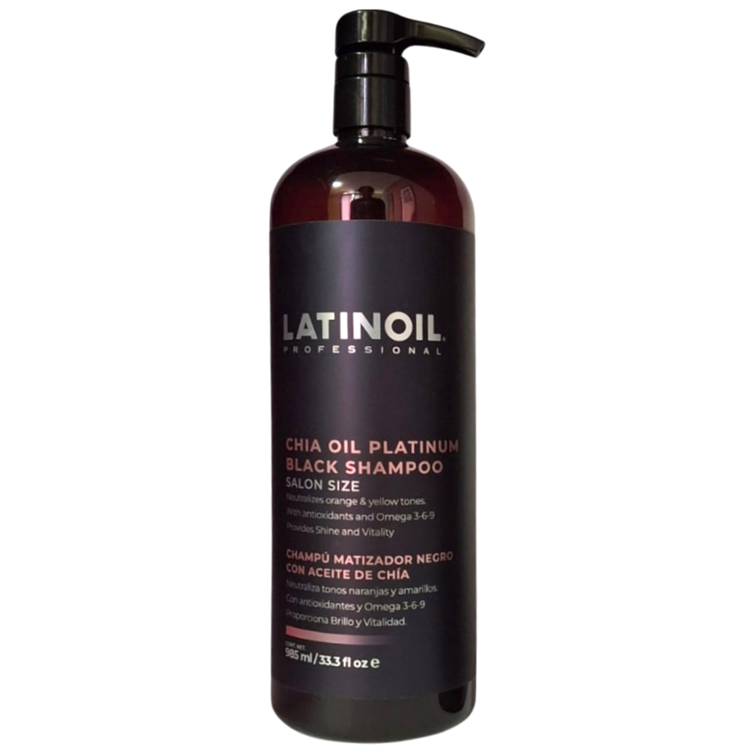LATINOIL Platinum Black Shampoo bottle closeup emphasizing tone enhancement for blond hair